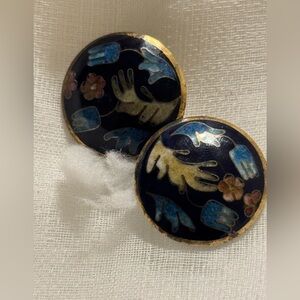 Vintage Chinese Cloisonné Round Clip-On Earrings – Beautiful Floral Design